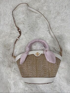 Nanette Lepore Straw Tote with White Trim and Pink Scarf